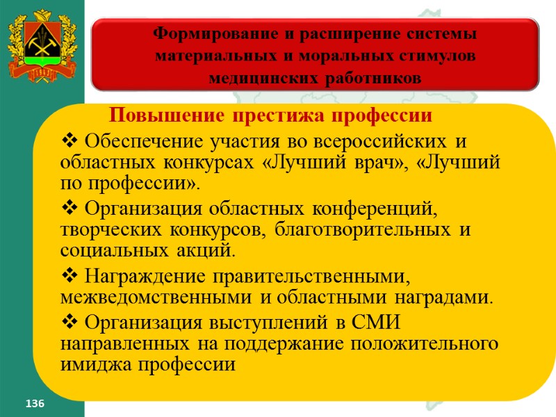 136 136 Формирование и расширение системы материальных и моральных стимулов медицинских работников 136 136 Формирование и расширение системы материальных и моральных стимулов медицинских работников